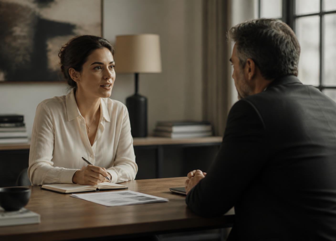 Two professionals in conversation across a table in a quiet office